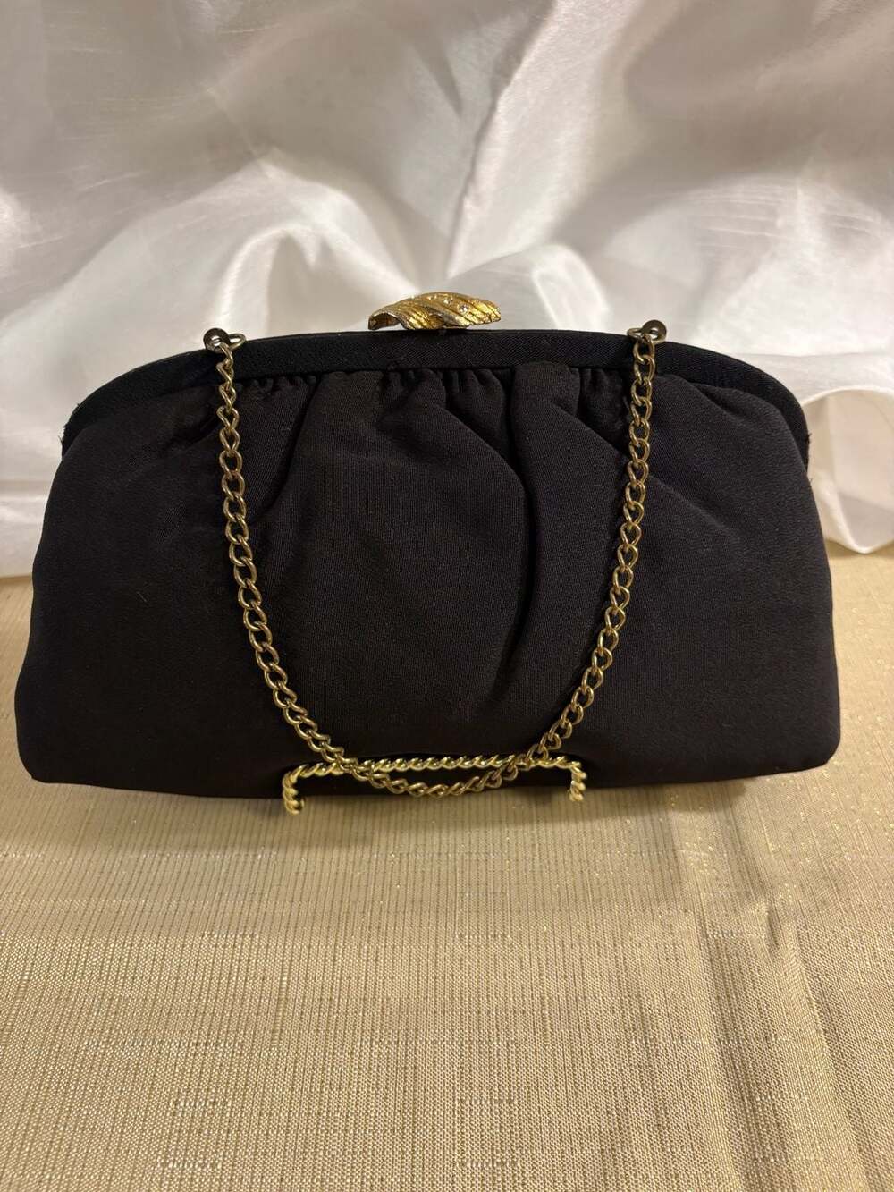 Vintage Black Satin Evening Clutch with Gold Tone Rhinestone Clasp